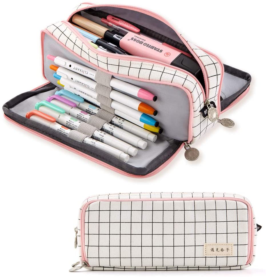 Large Pencil Case Big Capacity 3 Compartments Canvas Pencil Pouch for Teen  Boys Girls School Students (Pink Strip Black Grid)